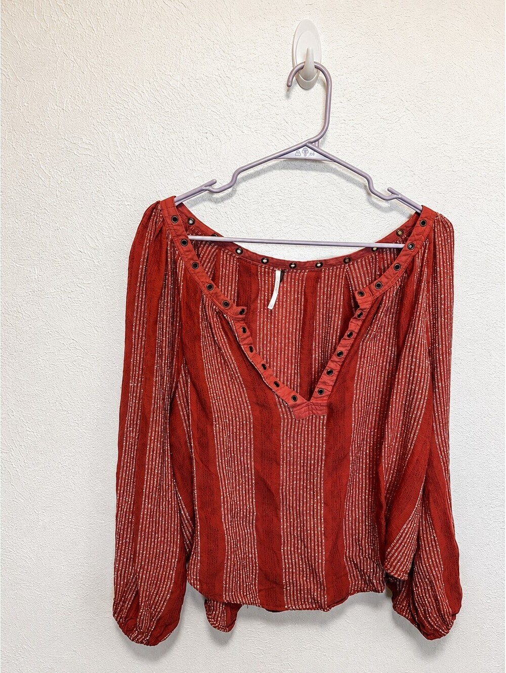 Free People Women’s L Rust Red Boho Blouse Metallic Stripe Grommet